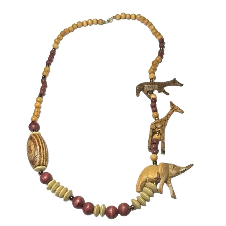 14'' long Vintage Costume Jewelry Necklace, variety of animals Made from Teak Wood