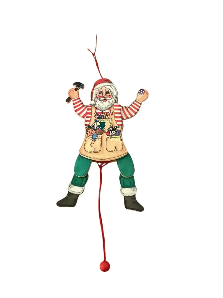 Vintage Wood Pull String Christmas Ornament Santa Claus Toys Tree Jump Jack 8"