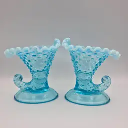 Fenton Cornucopia Candleholders Hobnail Blue Opalescent Pair