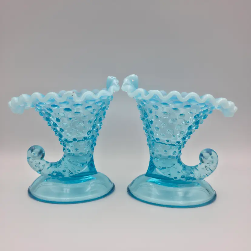 Fenton Cornucopia Candleholders Hobnail Blue Opalescent Pair