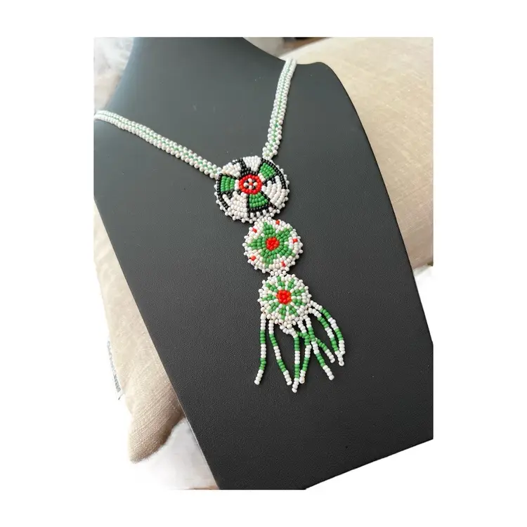 Native Thunderbird Beaded Necklace With Green Red And White Accents