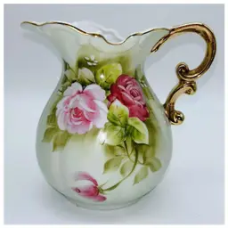 Lefton Hand Painted Pitcher Pink Cabbage Rose Gold Gilt Handle And Trim 4579 Vintage Japan