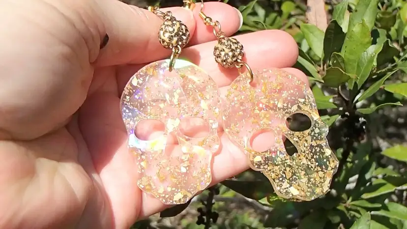 Golden Skull Holographic Resin Earrings with Disco Beads. Handmade By Me 🫶 3-1/4" total drop length