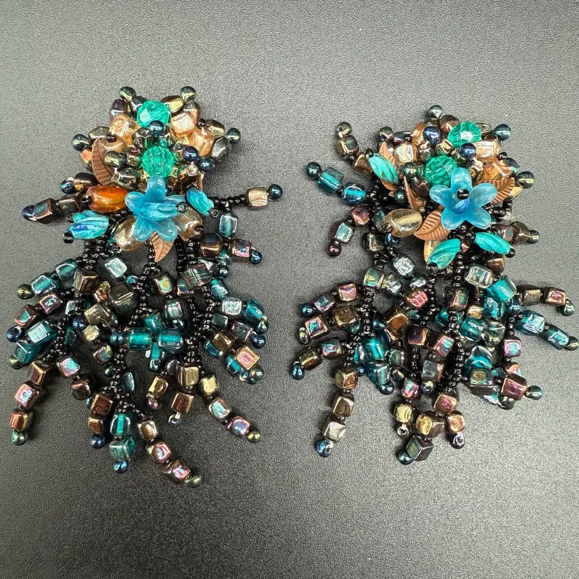 1970s Coleen Toland Multicolored Iridescent Glass Cascade Clip On Earrings 3.5”