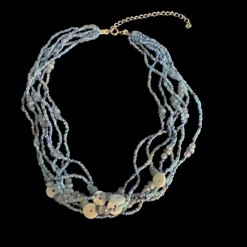 Blue Seed Bead Multi Stand Necklace With Mother Of Pearl Accents, 14” With 3.5” Extender
