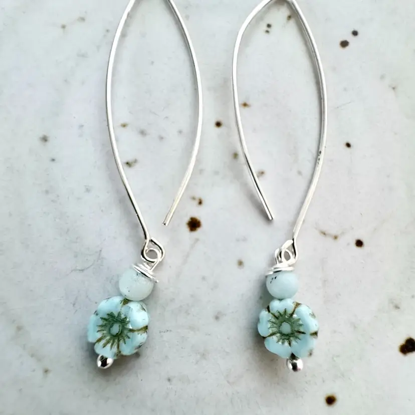 Blue Czech Flower Bead Silver Wire Earrings