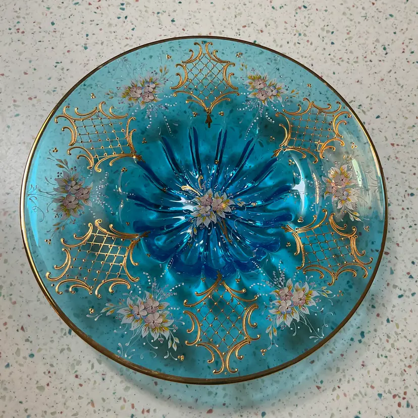 Vintage Murano Glass Centerpiece 13” round teal and gold with hand painted raised flowers