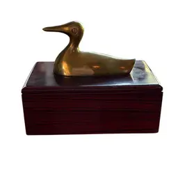Vintage Wooden Box With Solid Brass Duck