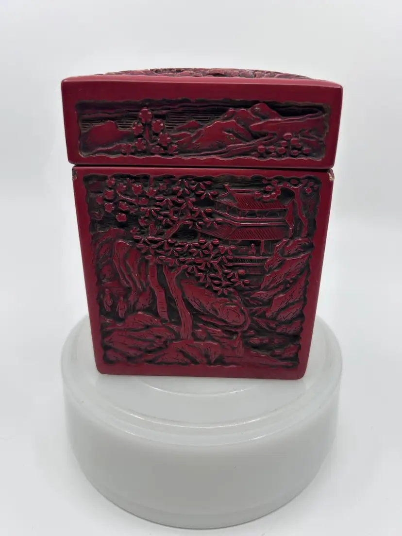 Antique Asian Carved Cinnabar Double Playing Card Box W 2 Vintage Complete Card Decks