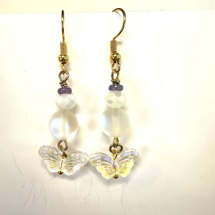 Butterfly Clear Glass Charm Glass Accent Beads Gold Tone Handmade Dangle Earrings 1.75”L Made By Me