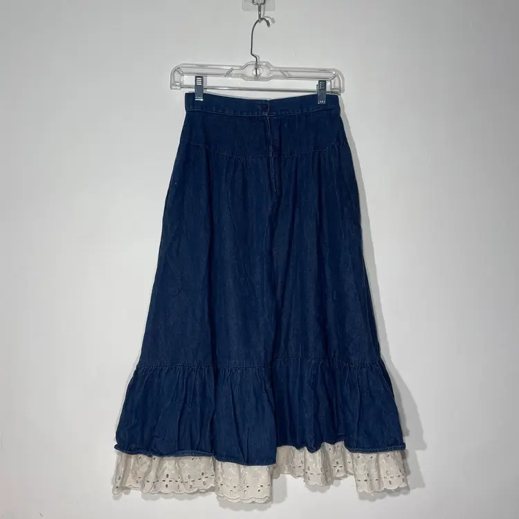 Vintage 70s Jessica’s Gunnies (Gunne Sax/Jessica McClintock) Denim Midi Prairie Skirt with Eyelet Trim - Size 11
