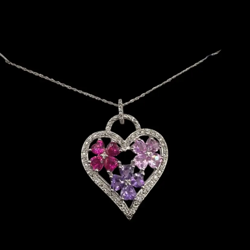 sterling silver multi-gemstone amethyst and ruby heart pendant necklace