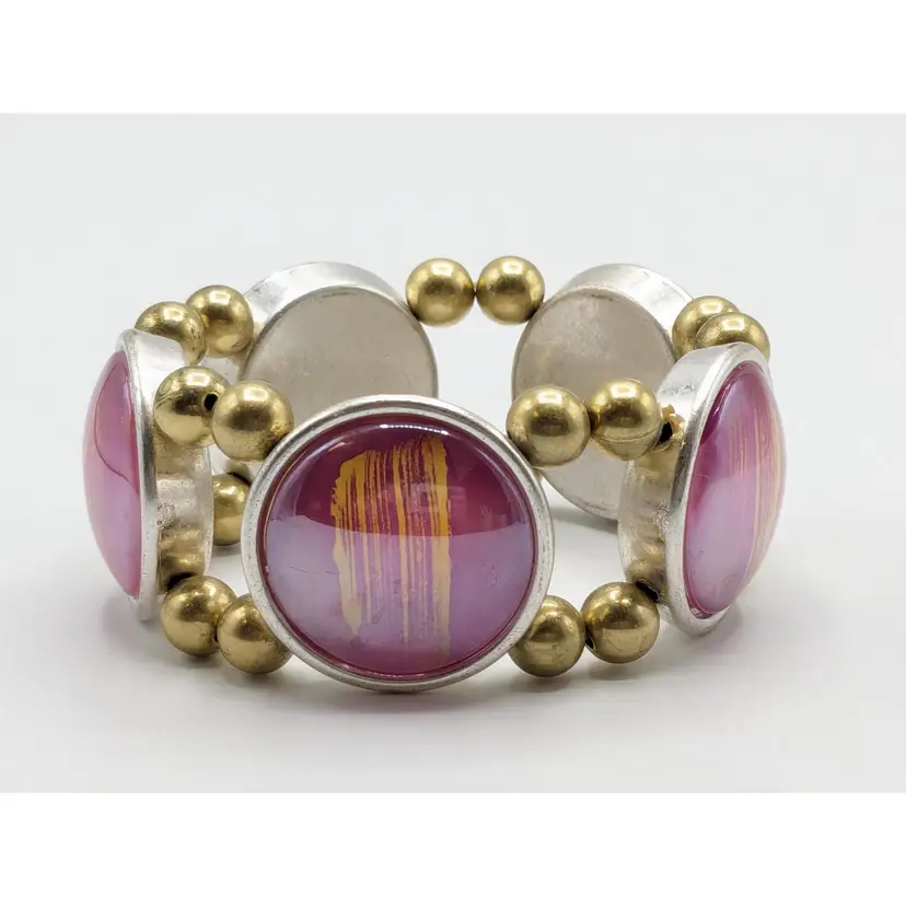 Gold and Silver Tone with Pink Cabochons Stretch Bracelet
