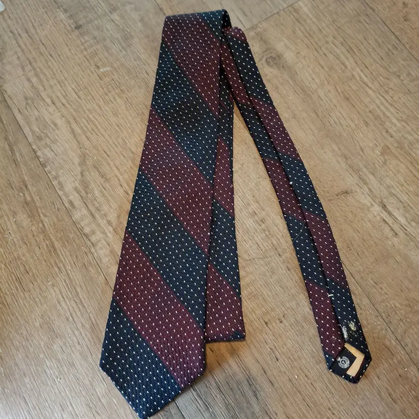 Fraconnable Burgundy & Navy Striped Silk Necktie With Polka Dots