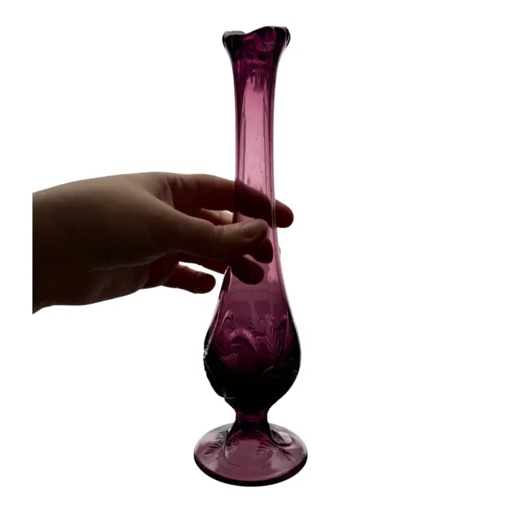Vintage Fenton Glass 10” Amethyst Swung Bud Vase, Strawberry Pattern