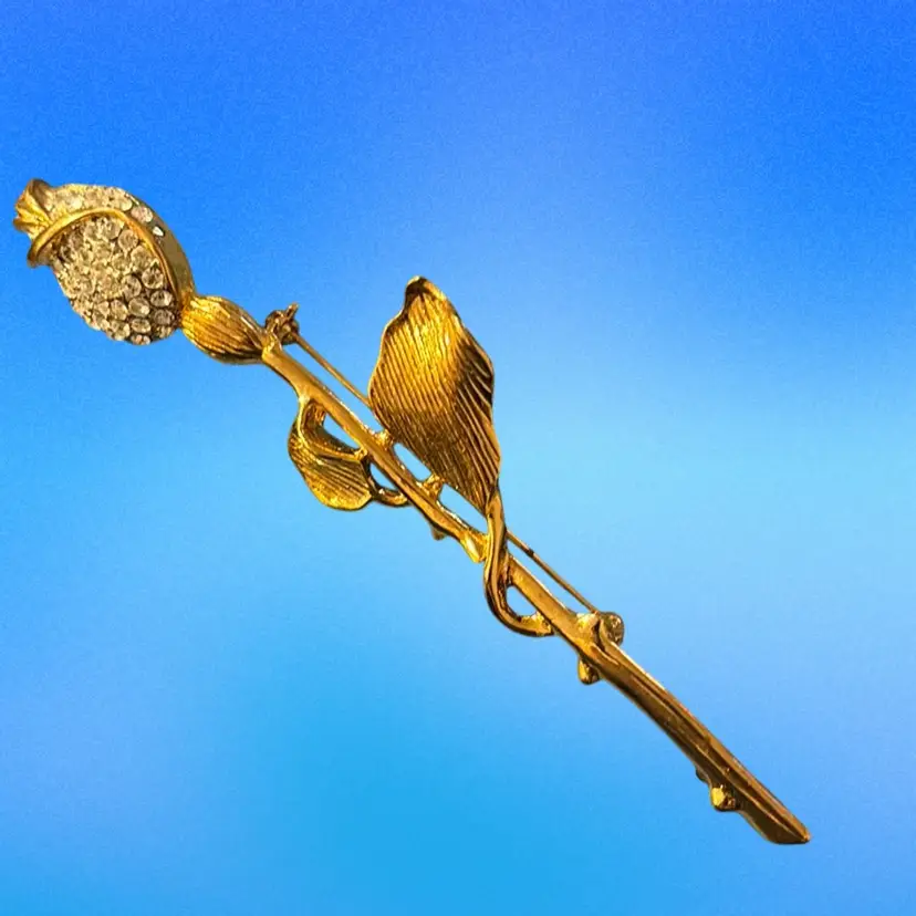 Vintage Long Stem Gold tone Rose Brooch With Crystal Rose Flower