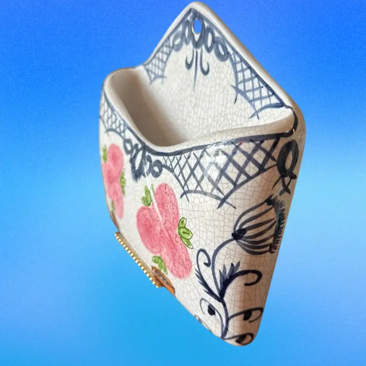 Vintage Italian Ceramic WALL POCKET HAND MADE Italy Pink Flowers Green Leaves Blue Trim