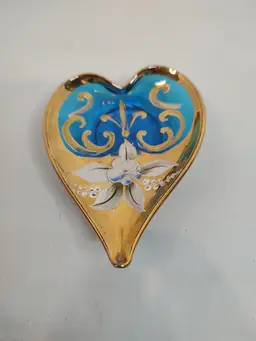 Vtg Antique Bohemian Blue Gold  Enameled Glass Floral Heart Pin Trinket Dish