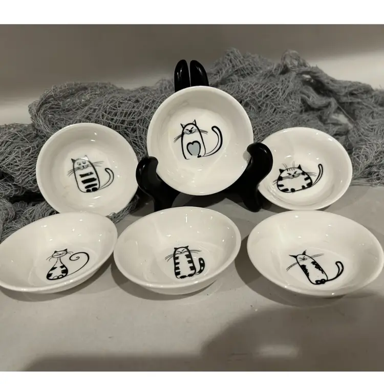 Six Teeny Cartoon Cat Dishes Line Drawing Kitty Cats Mini Pet Bowls