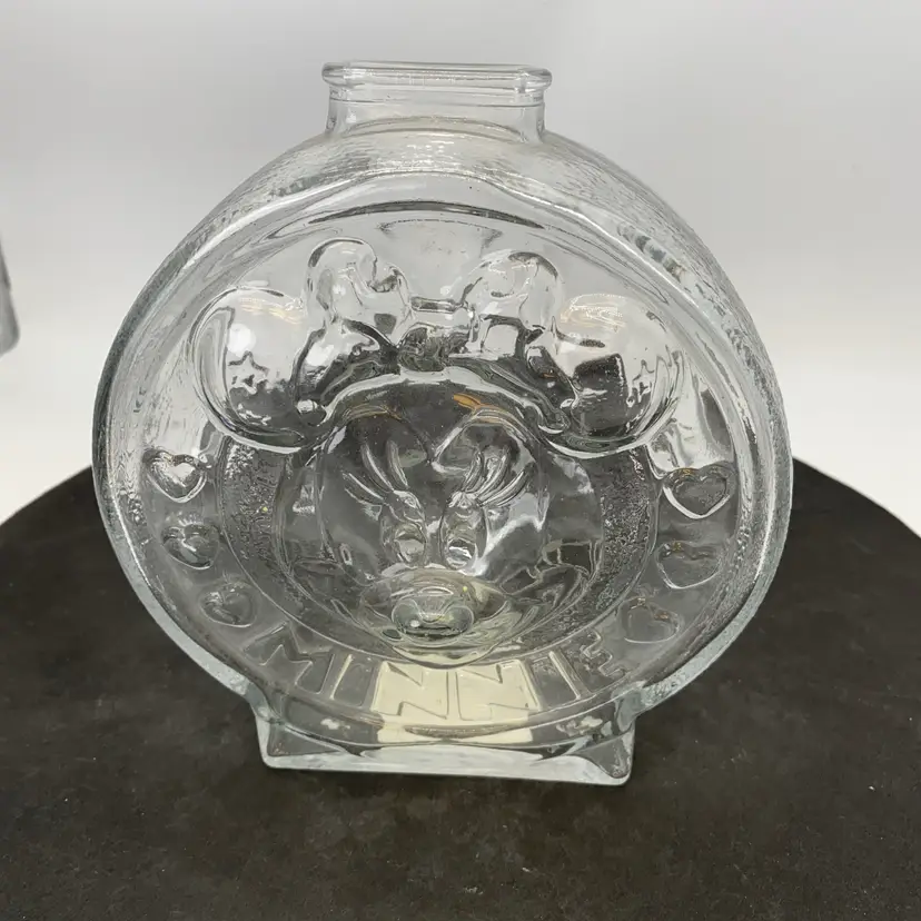 #0111 Vintage Anchor Hocking Walt Disney Mickey & Minnie Mouse clear glass bank.