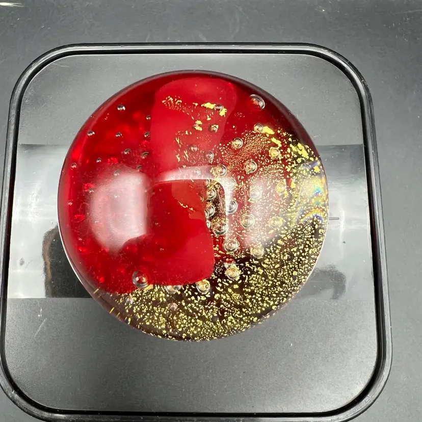 Glass Eye Studios Paperweight Iridescent Red Gold Swirl Flecks Bubbles GES 99