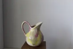 Stonemeadow Vermont Art Pottery Pitcher/Creamer Yellow/Purple Drip Glaze