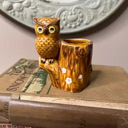 037 Vintage Lego Japan Ceramic Owl On A Log Toothpick Match Holder Planter 3.75" X 2.75"