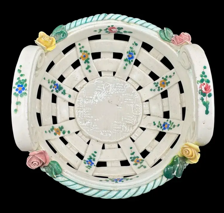 Vintage Italy Pottery Woven Basket Bowl Floral Hand Painted Rose White Blue 6”
