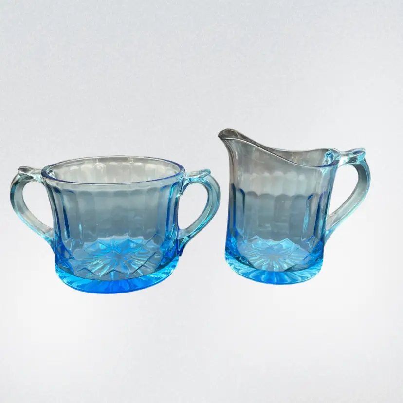 US Glass Co. Aunt Polly Blue Creamer & Sugar Set