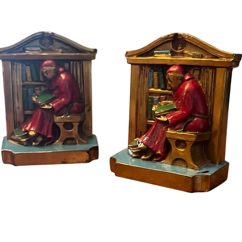 Antique Bronze Painted Bookends W Reading Monk 4.25”