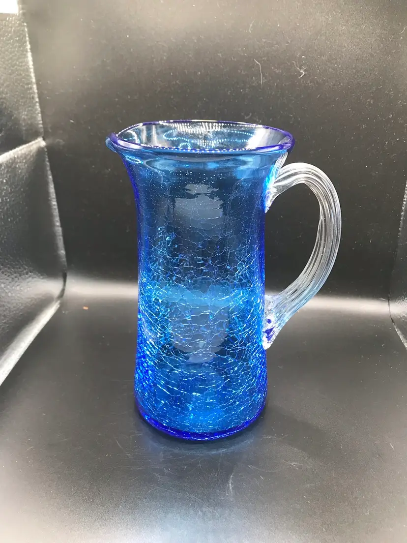 Handblown Royal BlueCrackle Glass Pitcher W Applied Clear Ribbed Handle 7” Tall