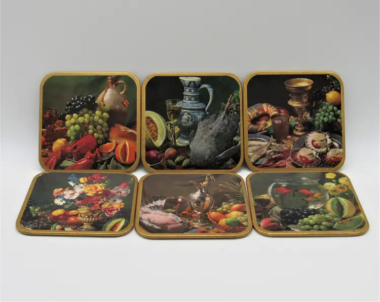 Set of 6 Mid Century English Coasters, Win-El-Ware Pressed Wood, Banquet Themed in Case