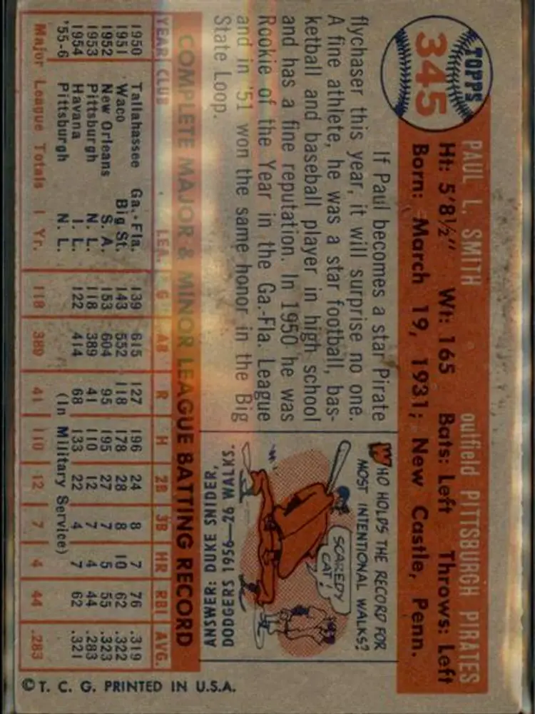 1957 Topps #345 Paul Smith - ( pk1 ) - Pittsburgh Pirates