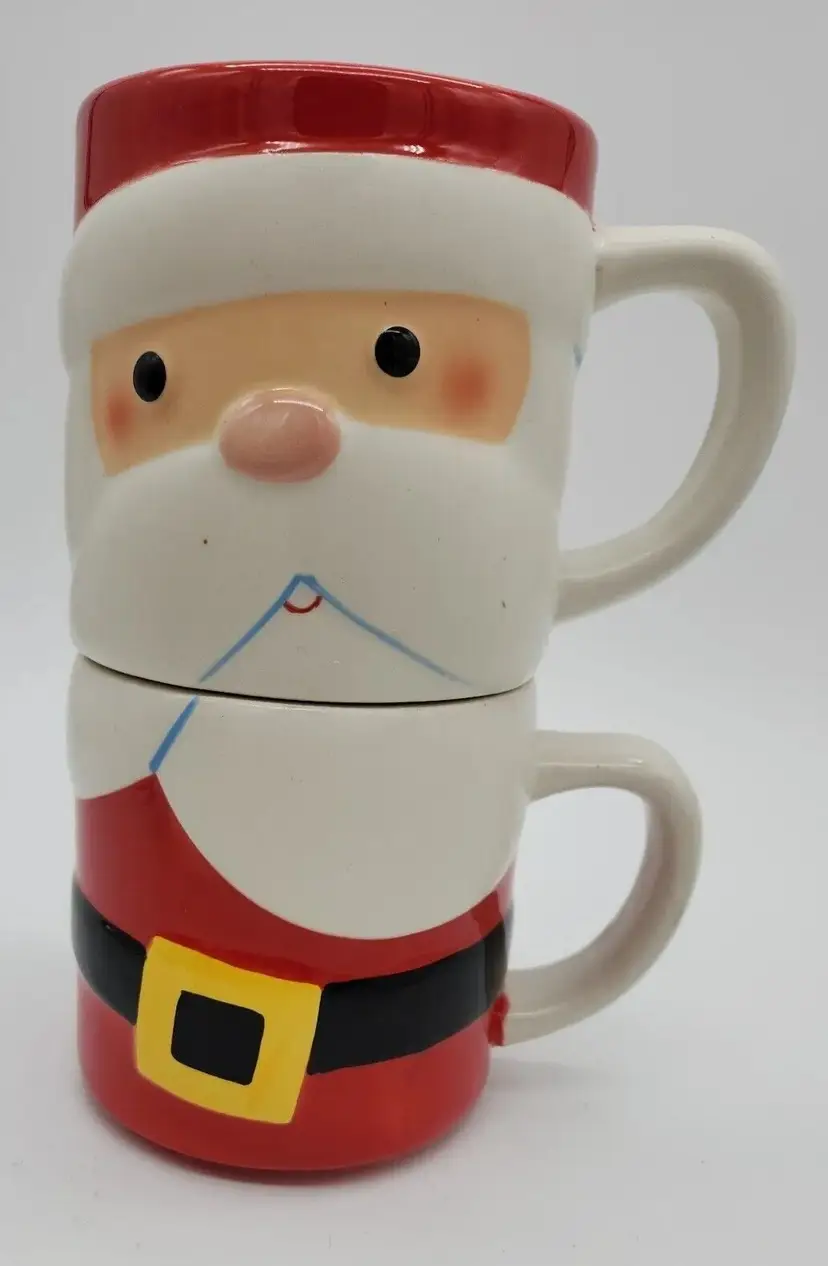 PAIR of VTG Hallmark Christmas Santa Claus Coffee Mugs Stackable Red Ceramic Cup