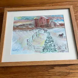 Winter  farm scene by M. L. Welker Signed 2002- In Wood Frame 18 X 22“ —-12 X 15 1/2 Acrylic On Canvas