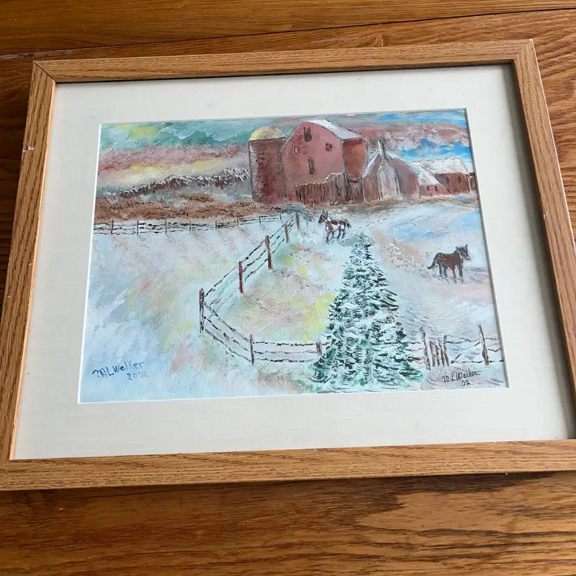 Winter  farm scene by M. L. Welker Signed 2002- In Wood Frame 18 X 22“ —-12 X 15 1/2 Acrylic On Canvas