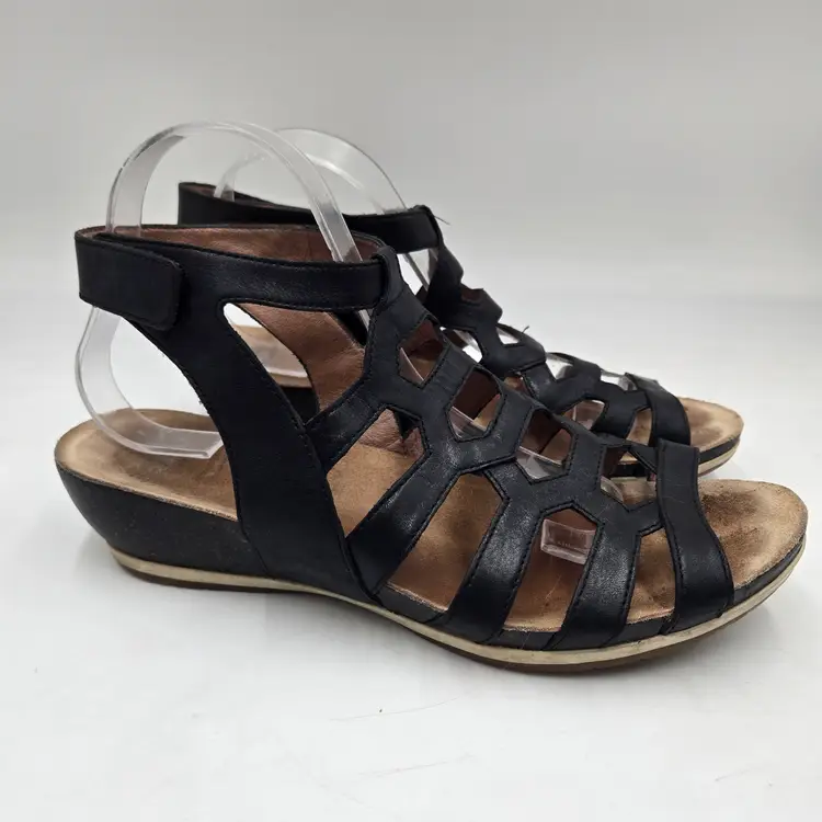 Dansko Valentina Women’s Sz 11 EU 42 Gladiator Sandals Wedge Black Leather Caged