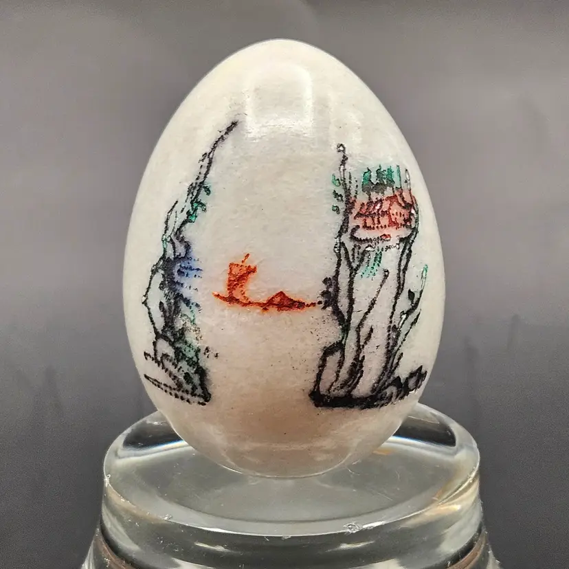 White Marble Egg Etched Hand Painted Asian Water Landscape Scene Vintage