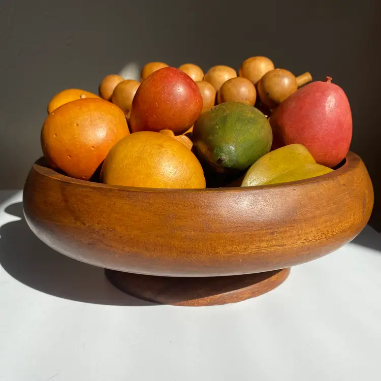 Vintage Hand Carved Wood Tropical Fruit Bowl Multicolor 13pc