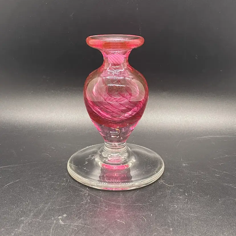 Vintage Hand Blown Glass Pink Swirl Perfume Bottle Bud Vase No Stopper Signed