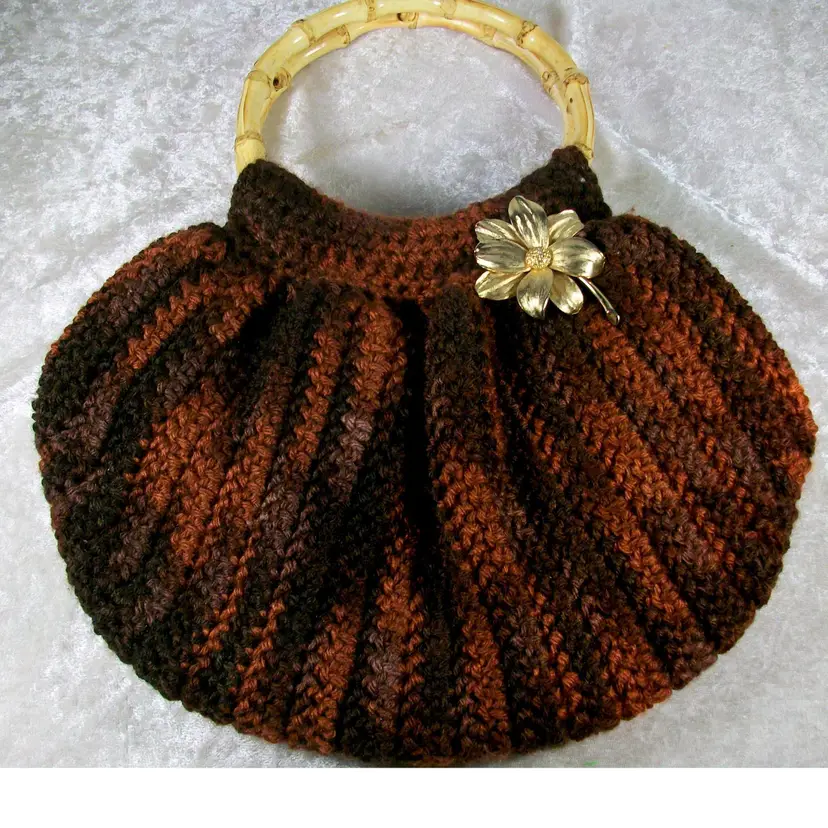 Crochet Shades of Brown Hobo Bag Purse Bamboo Handles-Vintage Gold Dogwood Flower Brooch 8" W x 13" Tall