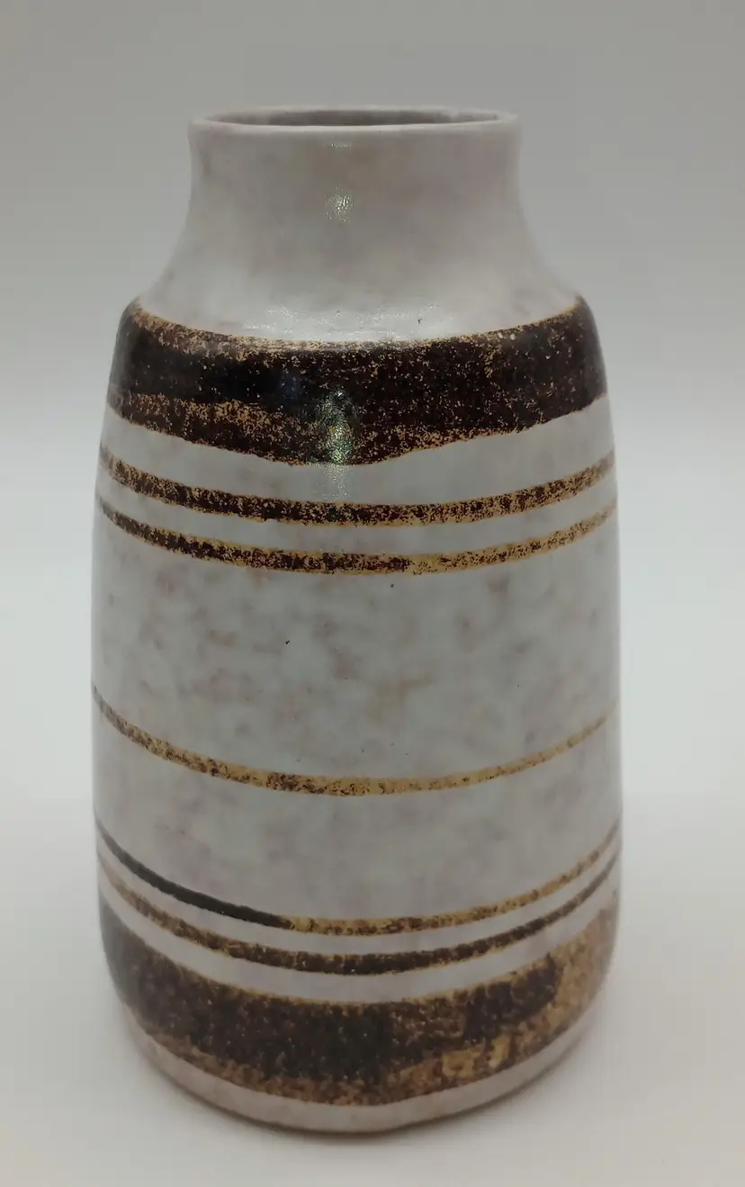 Vintage Art Pottery Vase In A Soft White Color With Speckled Background with Brown Stripes, Made By Pottery Craft.