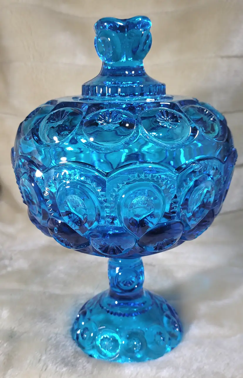 L.E. Smith 10" Moon & Stars Covered Candy / Compote Colonial Blue