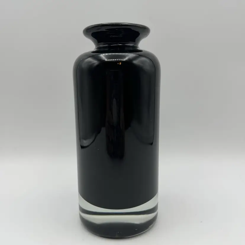 Art Glass Hand Blown Black Vase Clear Bottom Maker Unsure 6.5” Tall