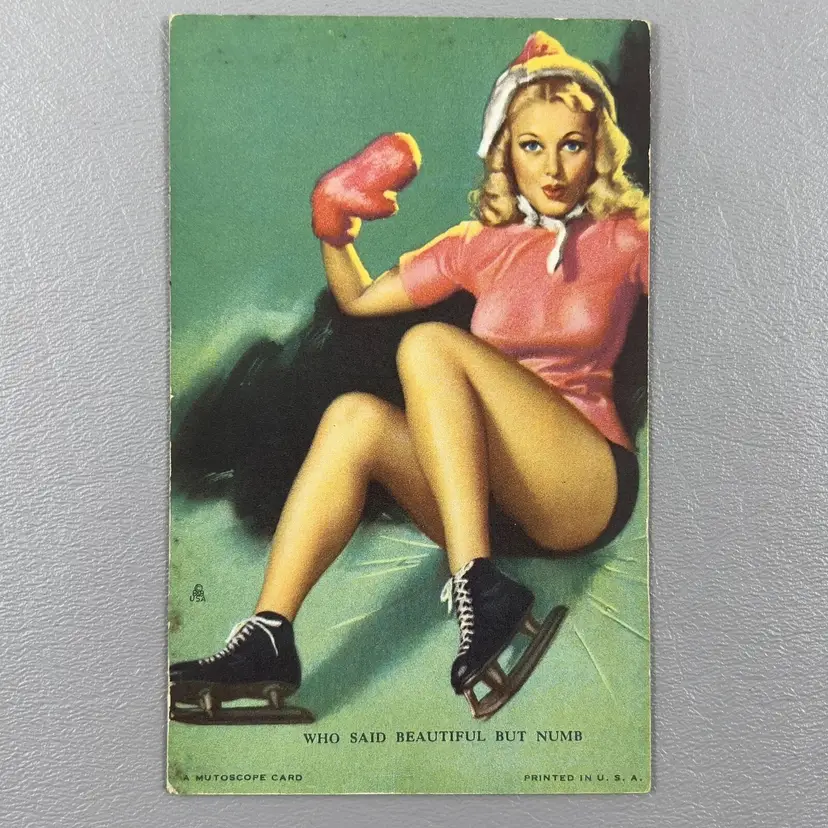 Vintage Pin Up Mutoscope Card Who Said Beautiful But Numb Blonde Ice Skater