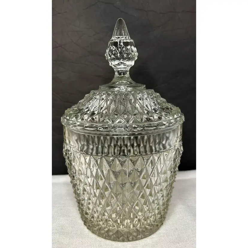 Vintage Art Deco Indiana Glass Diamond Point Ice Bucket with Original Lid