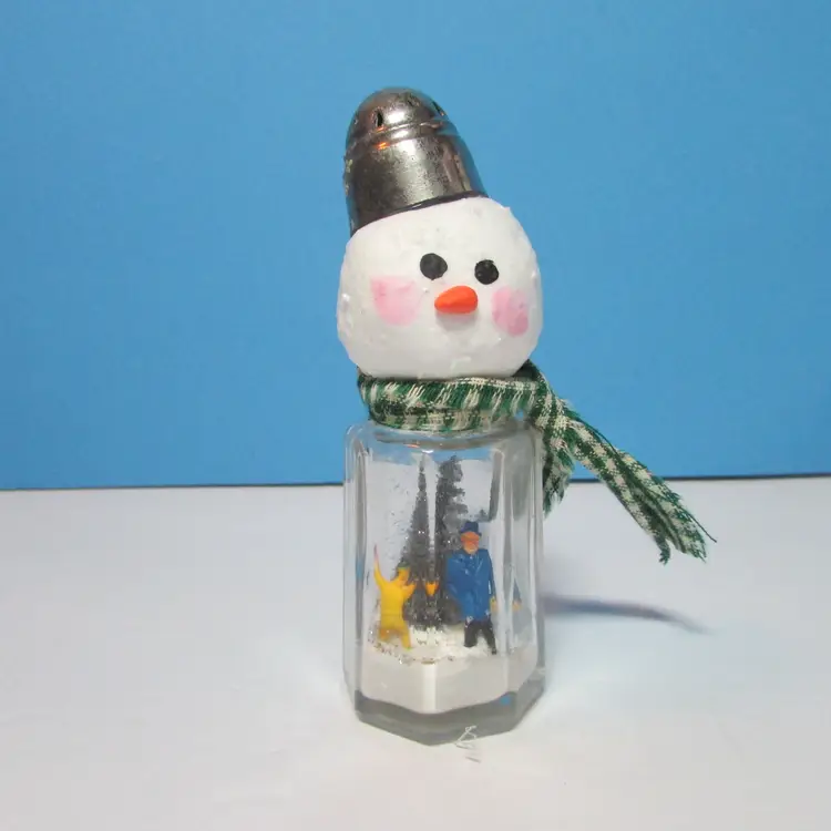 vintage crafted snowman winter scene upcycled salt shaker