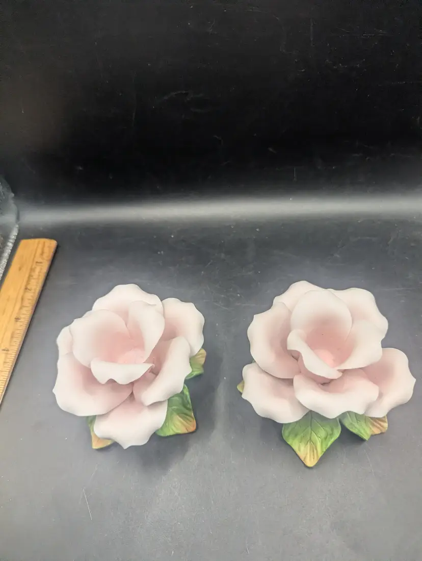 Vintage Pink Porcelain Roses Candle Holders With Leaves Vintage 2000 YH Avon