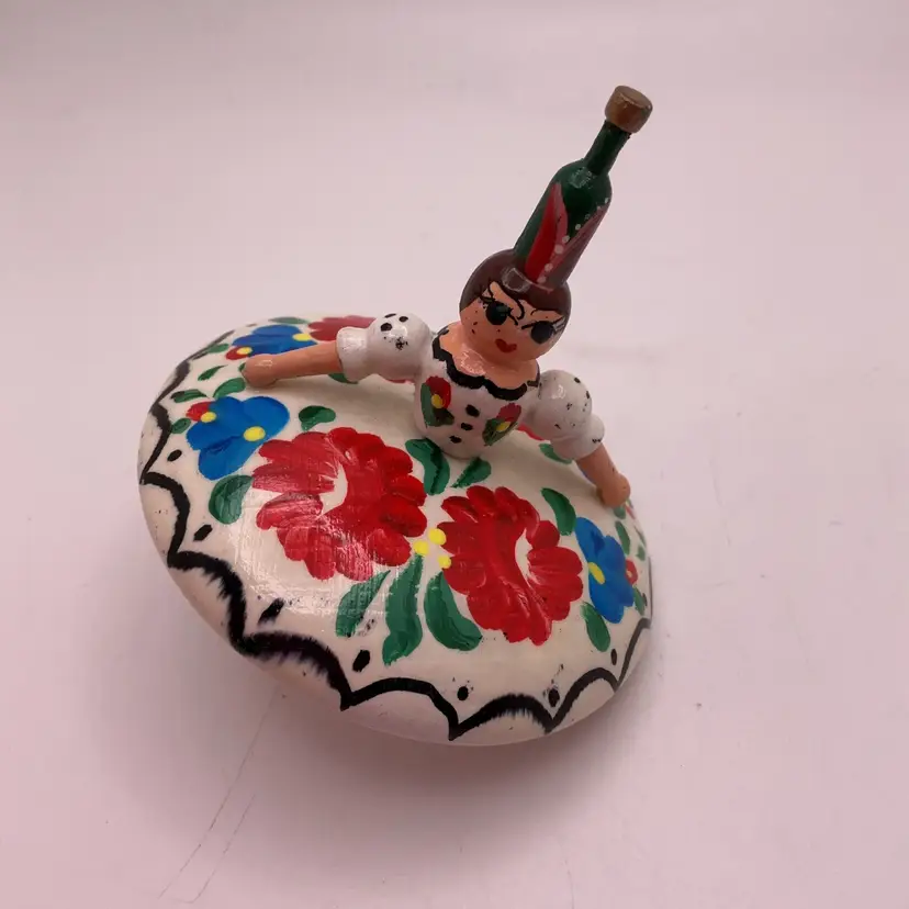 POW4 Wood Spinning Top Toy Hand Painted Budapest 2014 3”