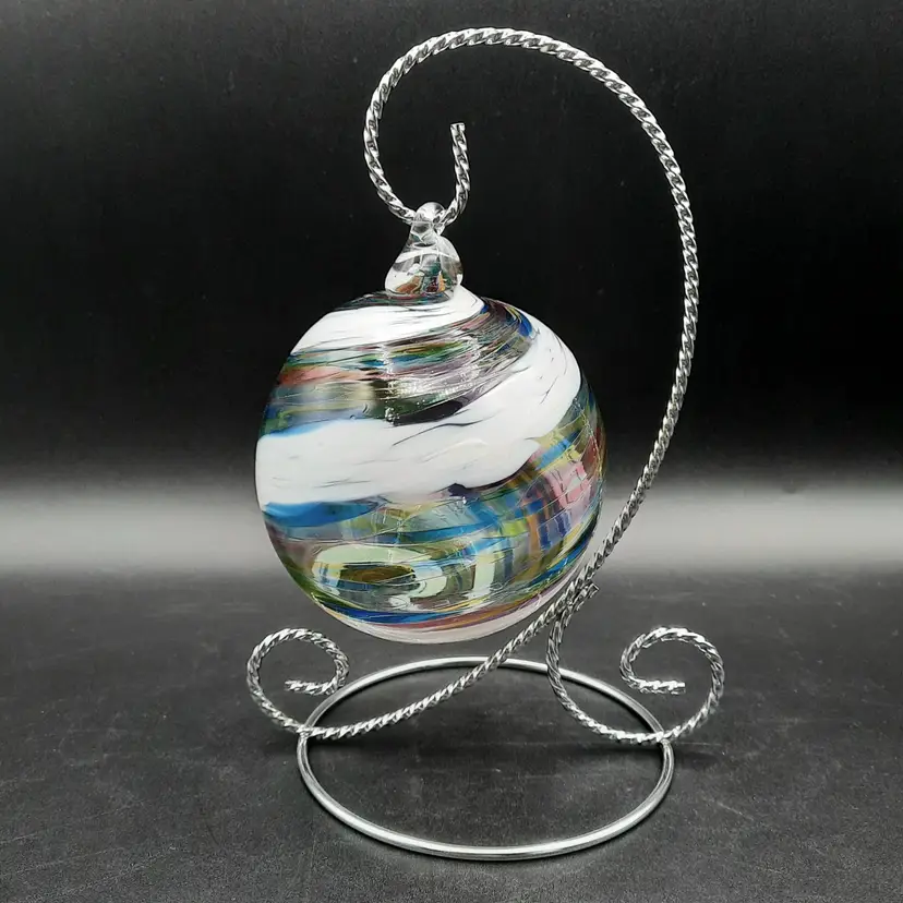 Rollin Karg Signed Multi-colored & White Swirl Art Glass Orb Ornament